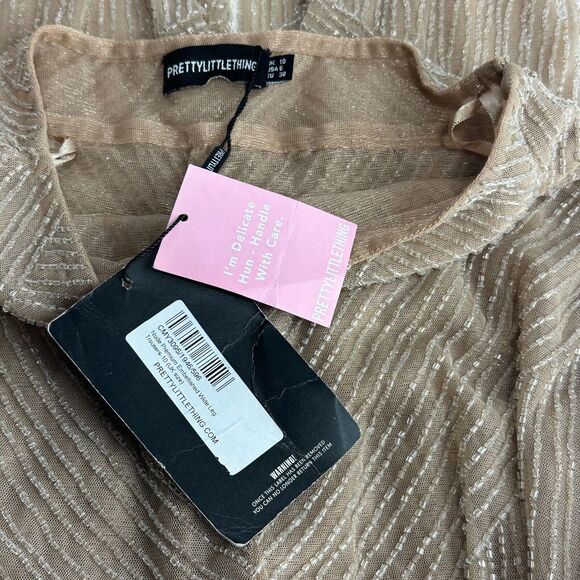 Pretty Little Thing Nude Bead Embellished Wide Leg Trouser Pants Size 6 - Picture 8 of 14